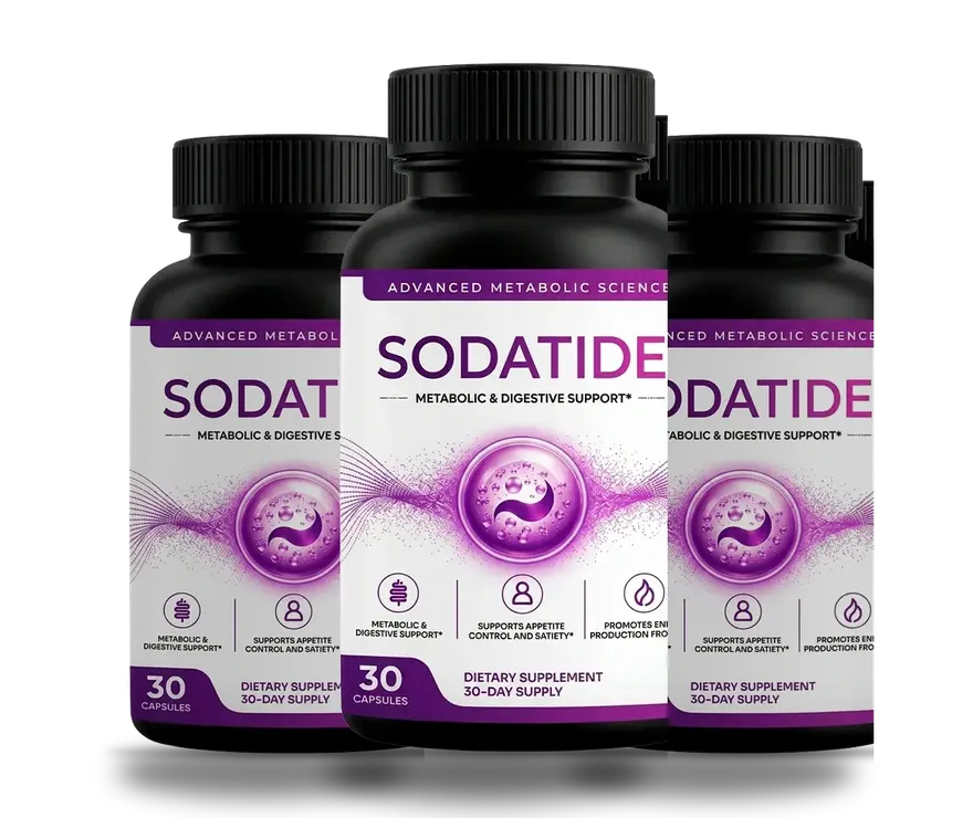 Three black-capped Sodatide bottles, one in front and two behind, each labeled 30 capsules and 30-day supply