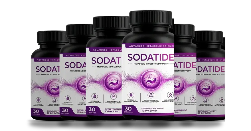 Six black-capped Sodatide bottles fanned out in a row, with the front bottle in the center