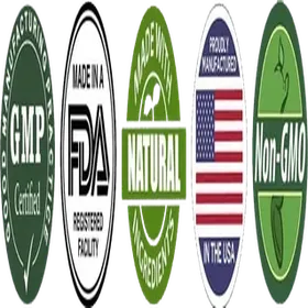 A strip of five seals: GMP Certified, Made in a FDA Registered Facility, Natural, Proudly Manufactured in the USA, and Non-GMO
