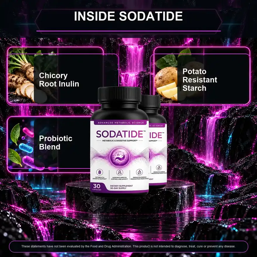 Graphic titled Inside Sodatide showing chicory root inulin, potato resistant starch and a probiotic blend around the bottle
