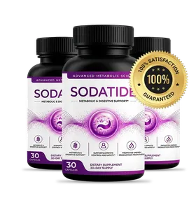 Three Sodatide bottles beside a gold seal reading 100% Satisfaction Guaranteed