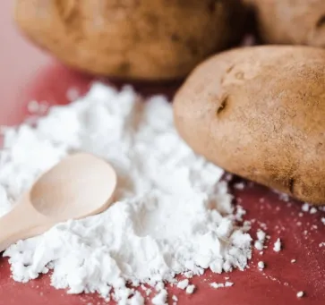 Raw potatoes beside a pile of white potato starch powder and a wooden spoon