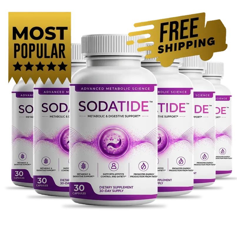 Six Sodatide bottles grouped with a Most Popular and Free Shipping banner
