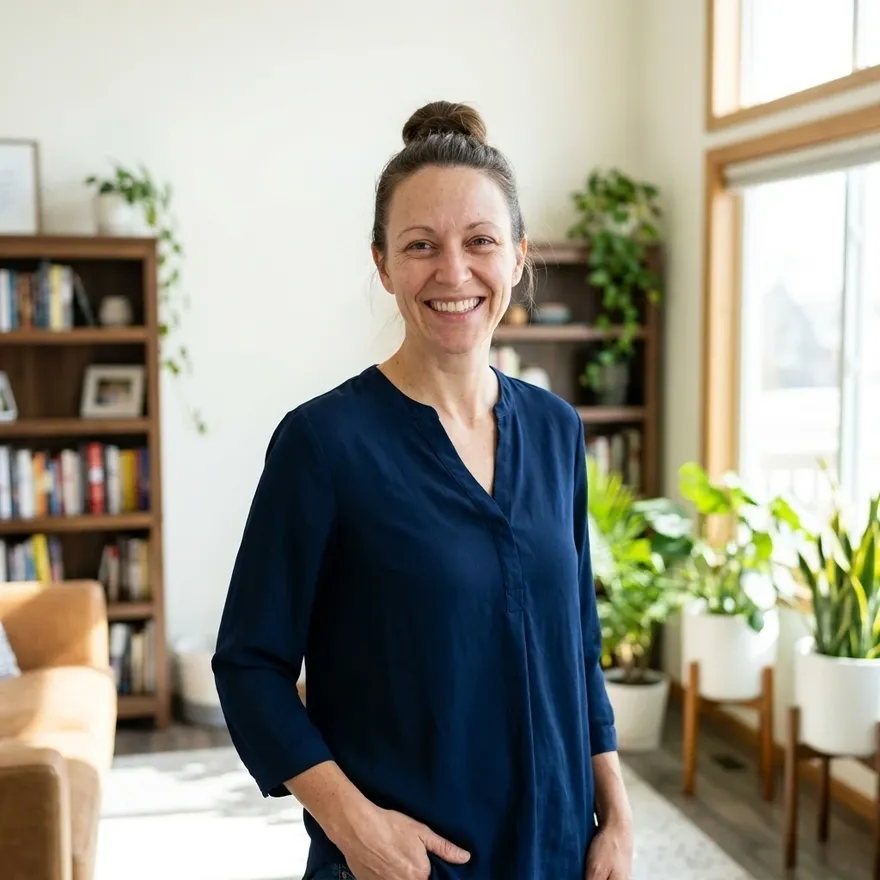 A smiling woman in a navy blouse stands in a bright living room