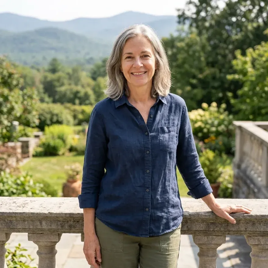 A smiling gray-haired woman in a denim shirt stands on a garden terrace