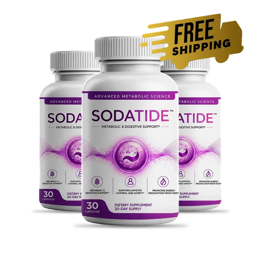Three white Sodatide bottles with a gold Free Shipping ribbon