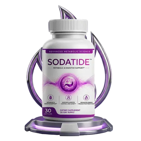 Sodatide bottle on a violet display pedestal