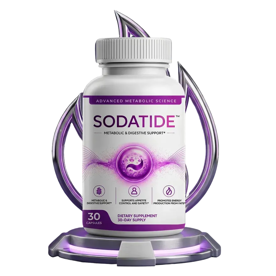 Sodatide bottle on a violet display pedestal