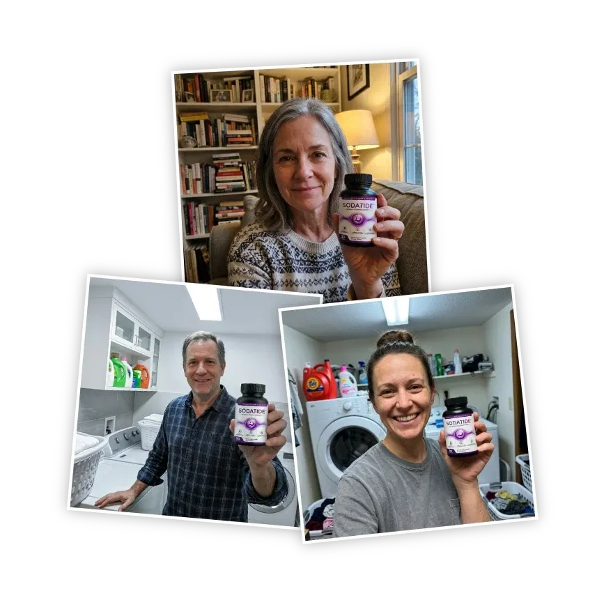 Three instant photos of adults holding Sodatide bottles in a kitchen, a laundry room and a study