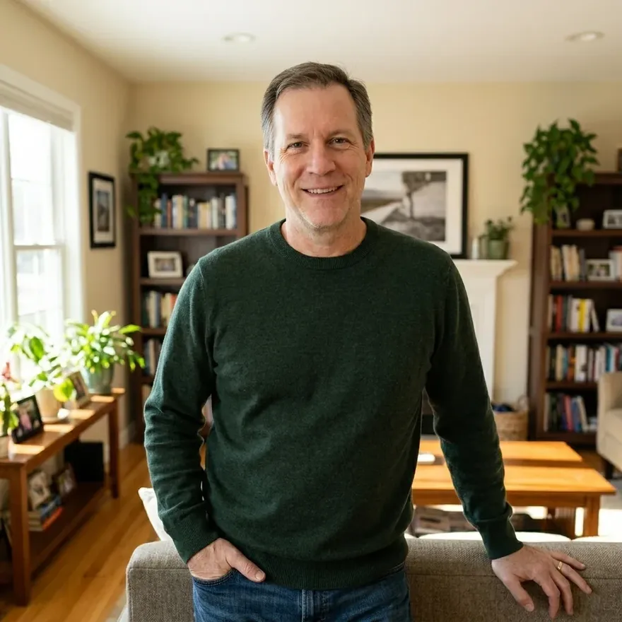 A smiling man in a green sweater stands in a home office