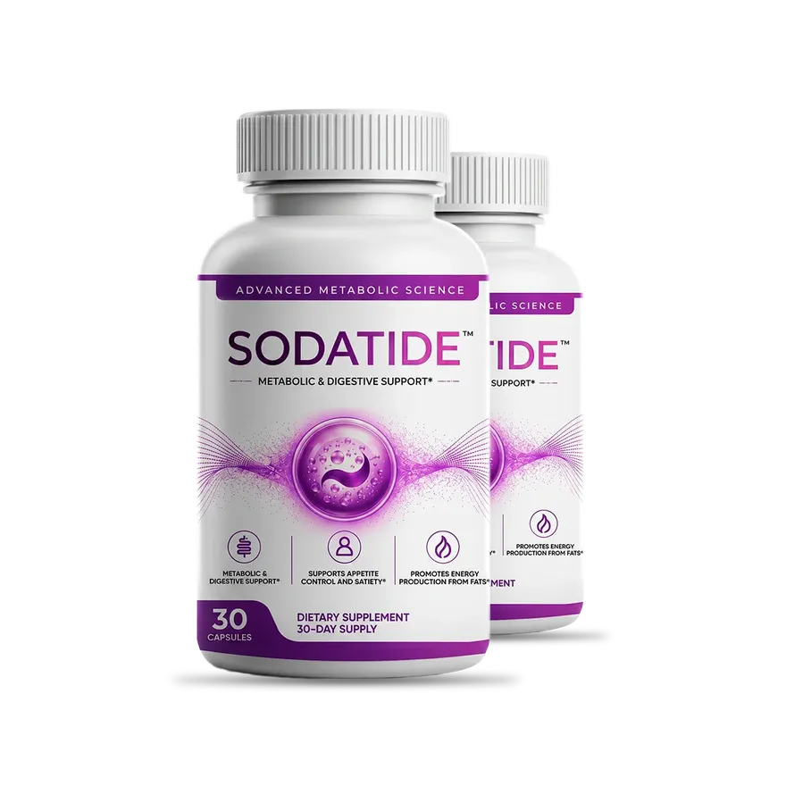 Two white Sodatide bottles, front and back, 30 capsules each