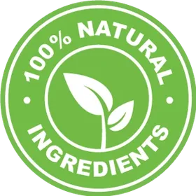 Green round seal with a leaf sprout reading 100% Natural Ingredients