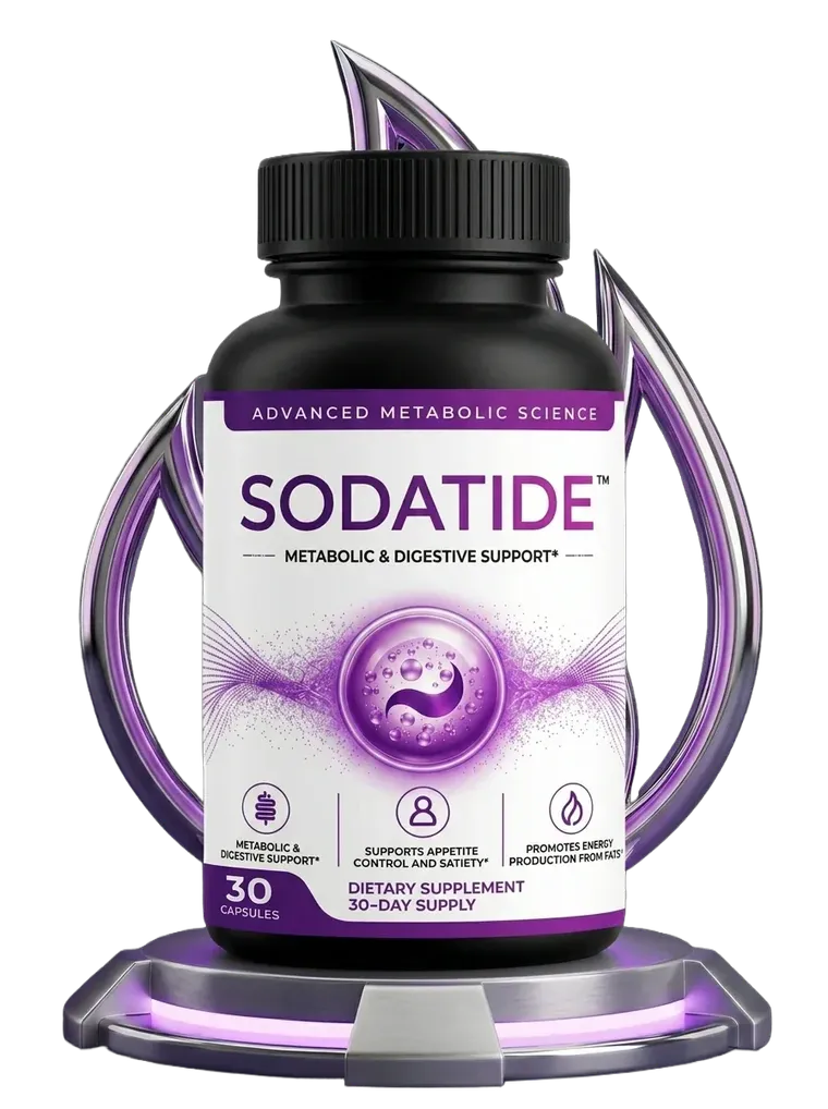 Sodatide bottle, 30 capsules, labeled Metabolic and Digestive Support, standing on a glowing violet pedestal