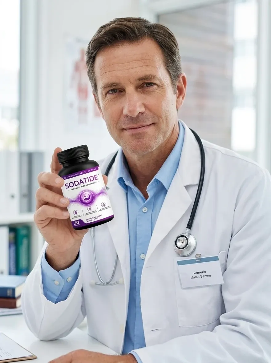 A man in a white coat holds a Sodatide bottle in a clinic