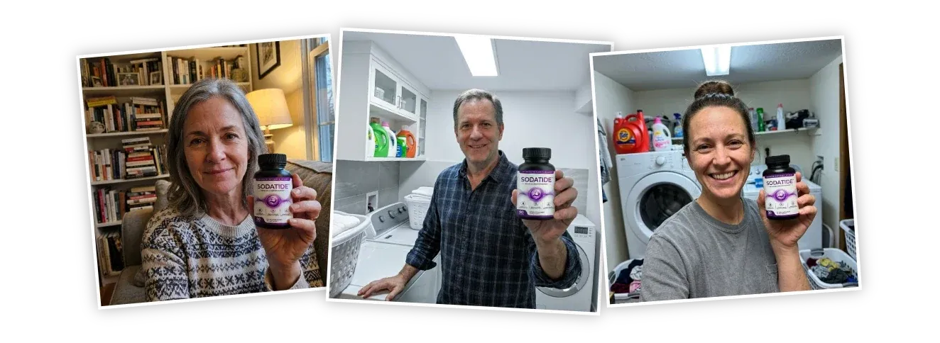 Three instant photos of adults holding Sodatide bottles at home