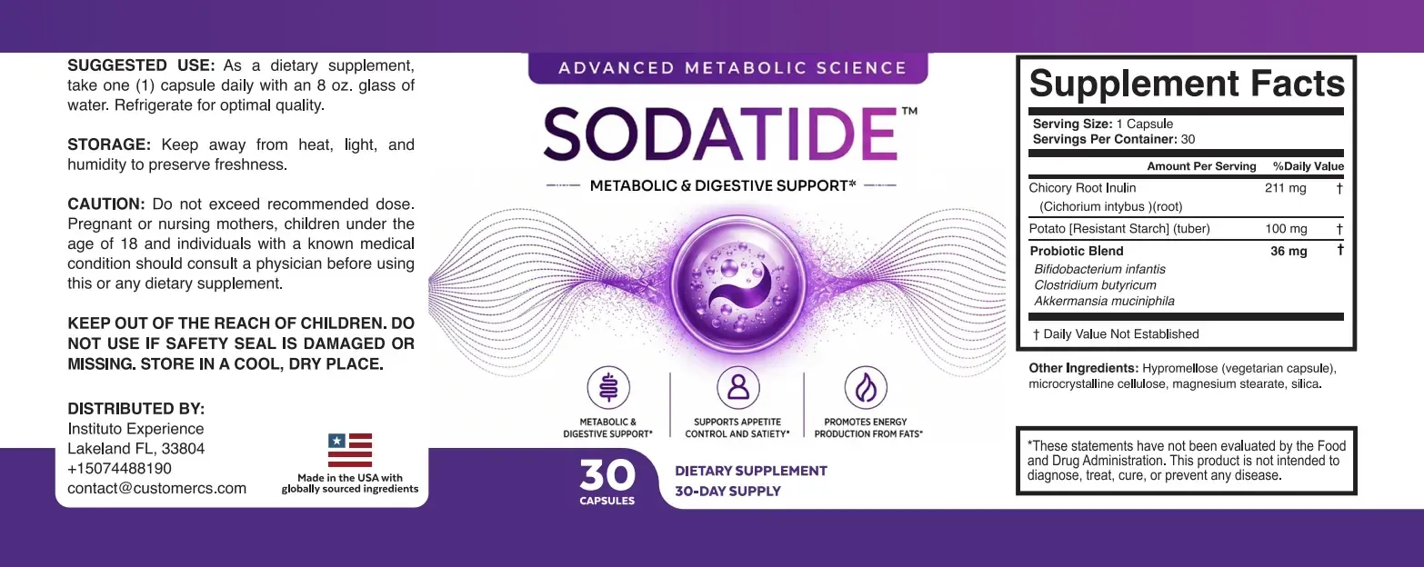 Full Sodatide bottle label: suggested use, caution, the front design with three claims, and the Supplement Facts panel listing 211 mg chicory root inulin, 100 mg potato resistant starch and a 36 mg probiotic blend